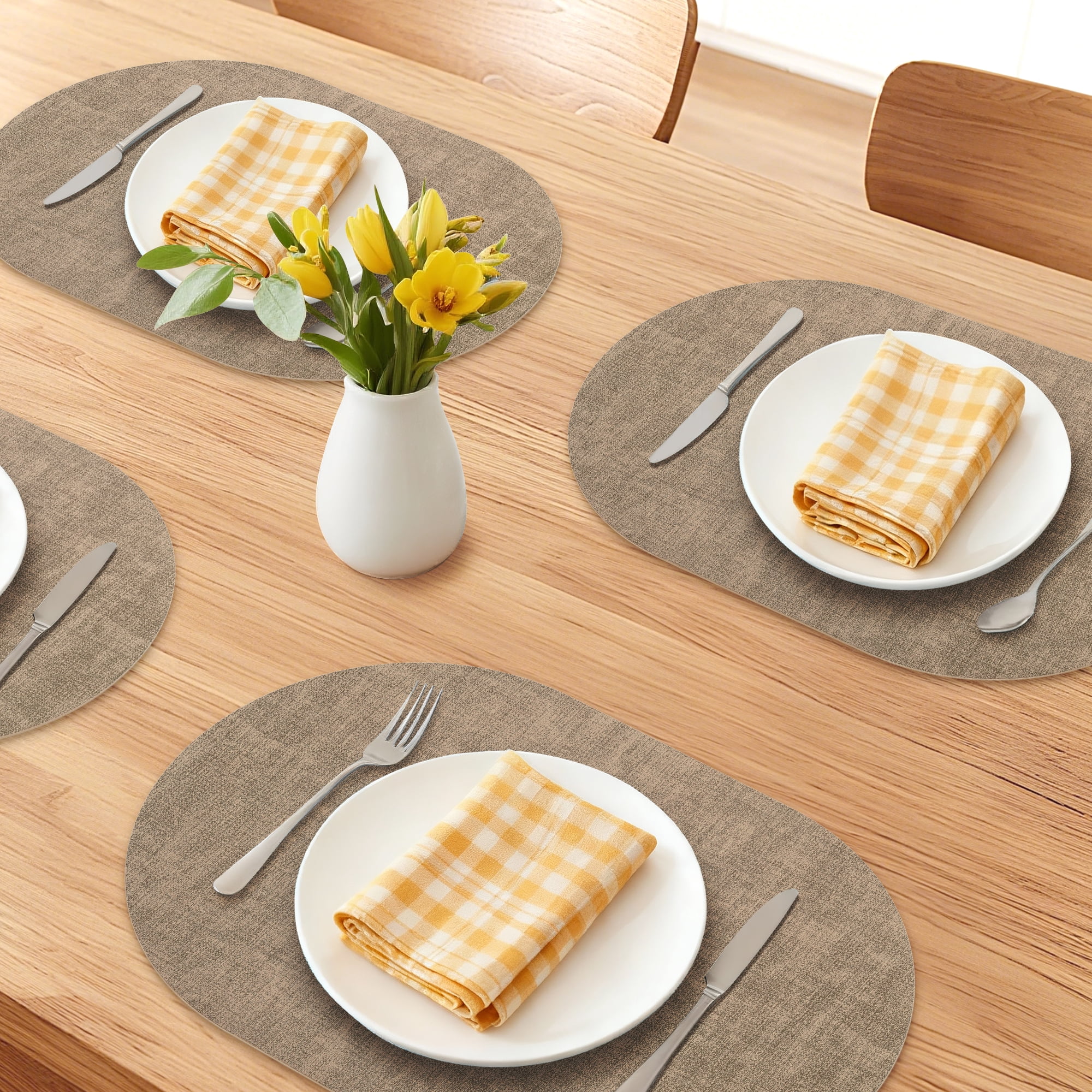Unique Bargains 6pcs Oval Faux Leather Placemats Light Brown 17.7"x11.8"