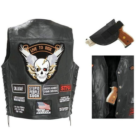 Biker Vest Concealed Carry Buffalo Leather Motorcycle CCW Skull Wings w/ 16 Patches (Best Motorcycle Airbag Vest)