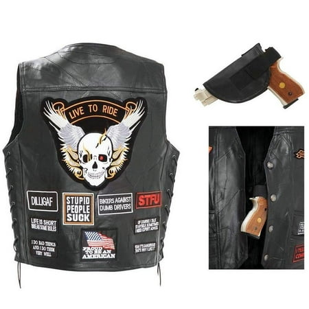 Cowhide Leather Motorcycle Vest - Biker Vest Concealed Carry Buffalo Leather Motorcycle CCW Skull Wings w/ 16 Patches (L)