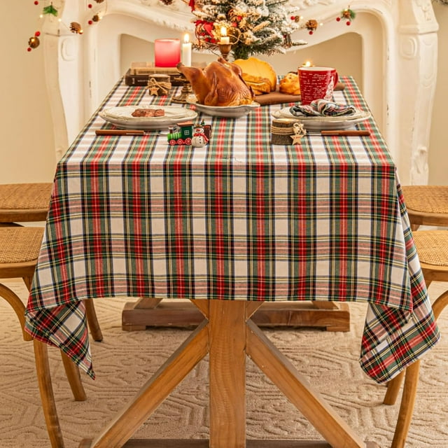 Red Tartan Plaid Snowflake Christmas Tablecloth, Winter Holiday Tablecloths for Rectangle Tables Parties Dining Farmhouse Kitchen Decor