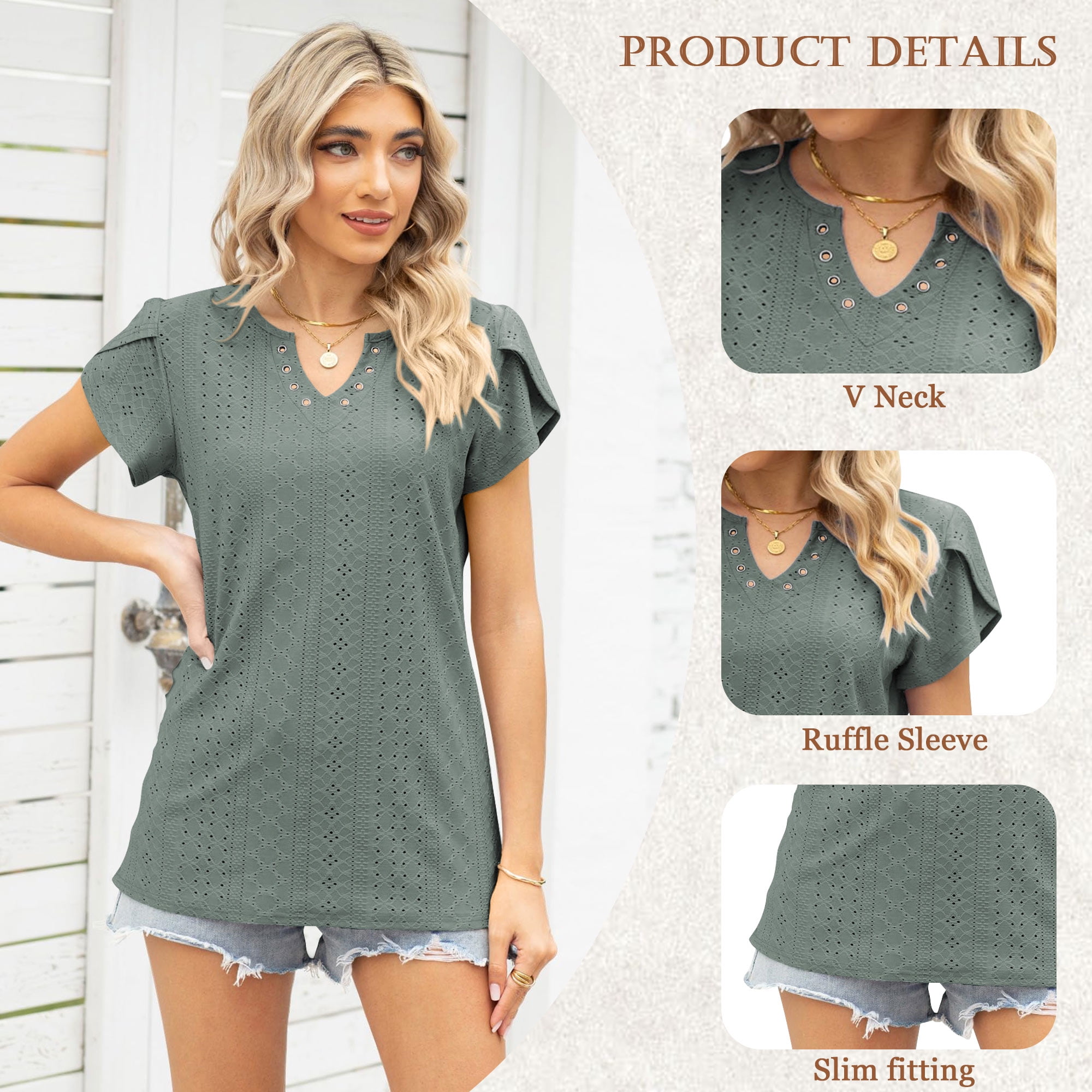 TEMOFON Women Tops Summer T-Shirts Short Sleeve Casual V Neck Tops Dressy Ruffle Sleeve Tunic Tops Cute Loose Ladies Tops Women Blouses Green XL