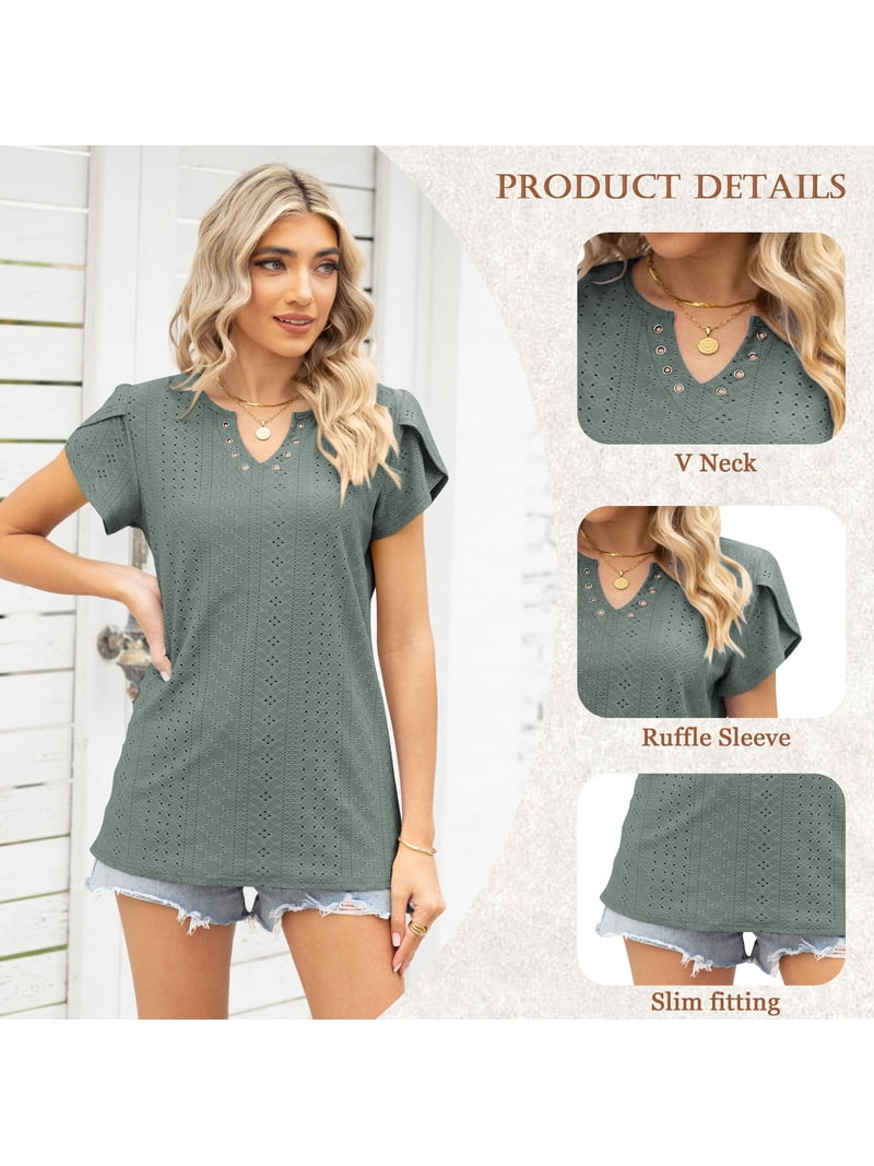 Chemisier Femme En Coton Manches Courtes à Volants - Vert/blanc, Tailles S à L, Neuf Sans étiquettes