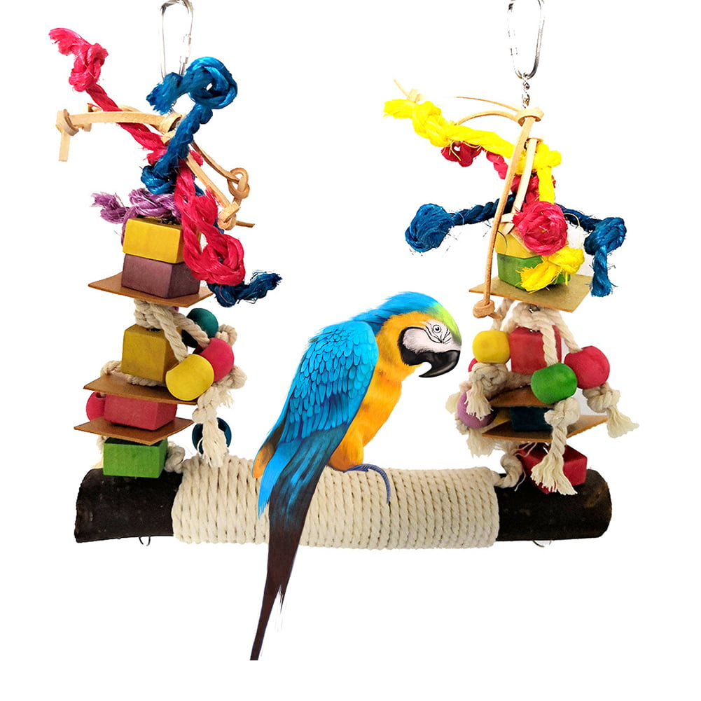 Colorful Parrot Pet Bird Macaw Hanging Chew Toy Bells Wood Blocks Swing Toy 