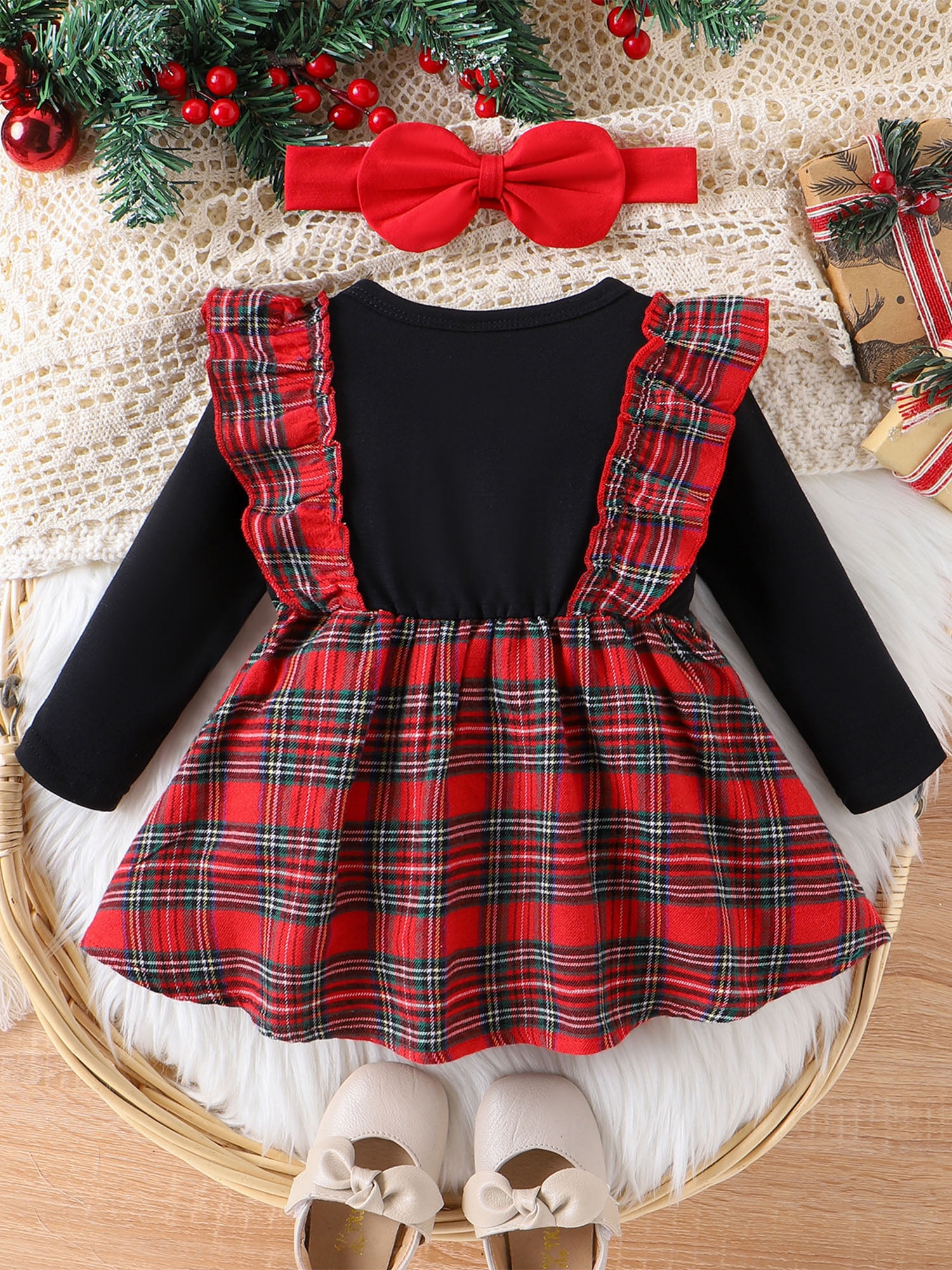 2pcs Baby Girl Red Plaid Cartoon Bear Pattern  Long-sleeve Splicing Dress Set