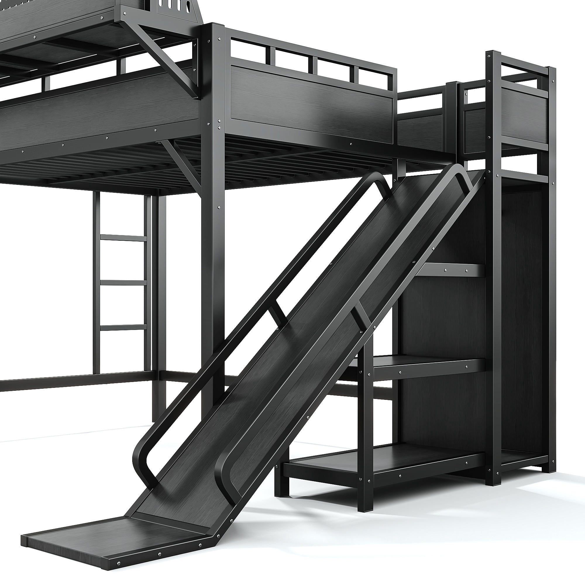 Aukfa Full Size Metal Loft Bed with Slide, Shelves, Wardrobe, USB Ports & LED Lights, Space-Saving Bed Frame for Kids Teens Adults, Black