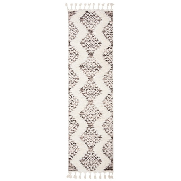 SAFAVIEH Moroccan Tassel Desmond Southwestern Shag Runner Rug, Ivory/Brown, 2'3" x 14'