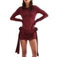 thumbnail image 1 of Vestido Volantes Vestido corto de punto para mujer, manga larga, color sólido, ropa diaria (rojo vino M) Cgtredaw Para estrenar, 1 of 1