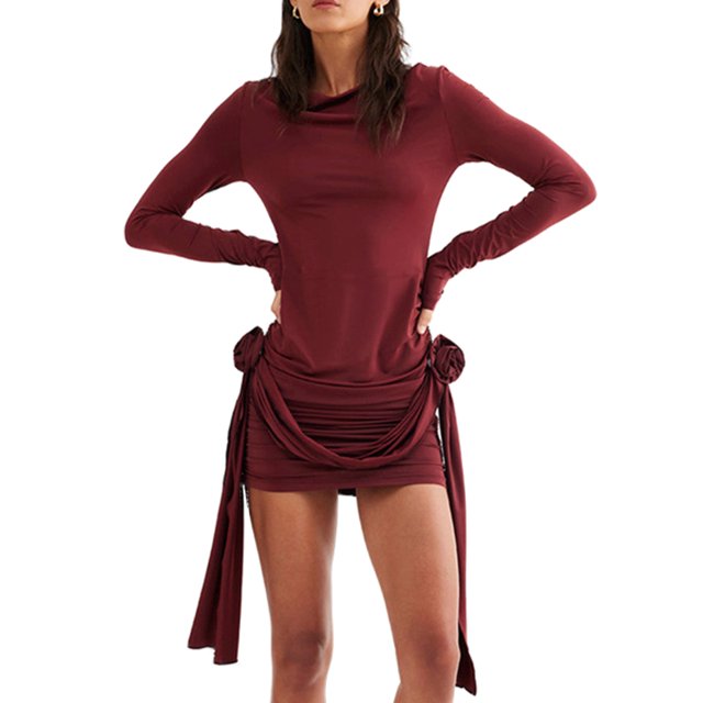 Vestido Volantes Vestido corto de punto para mujer, manga larga, color sólido, ropa diaria (rojo vino M) Cgtredaw Para estrenar