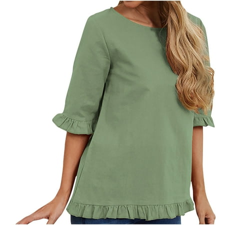 

Crop Tops for Women Sequin Tops for Women Women s Fashion Solid Color Short Sleeves Blouse Round Neck Ruffles Casual Tops High Top Women Maternity Tops Clearance Green M