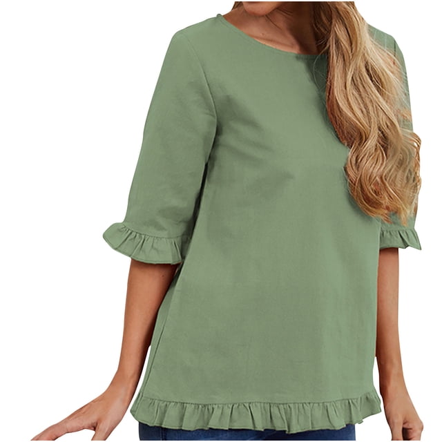 Summer Tops for Women 2022 Round Neck Short Solid Color Short Sleeve Tunic Shirt Ruffle Casual Ladies Blouses Tee
