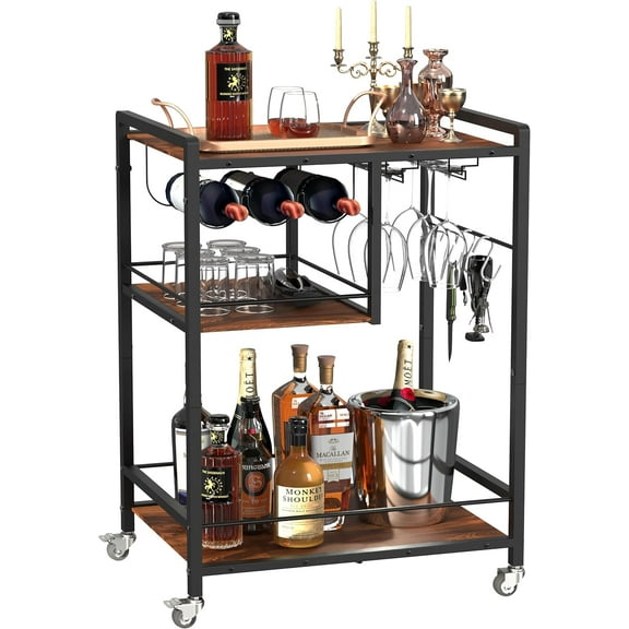 Bar Cart for Home Portable Rolling with Wheels Wine & Whiskey Beverage Unique Small Space Liquor Coffee Accessories Home Serving Carts Wine Table 3-Tier Utility Black