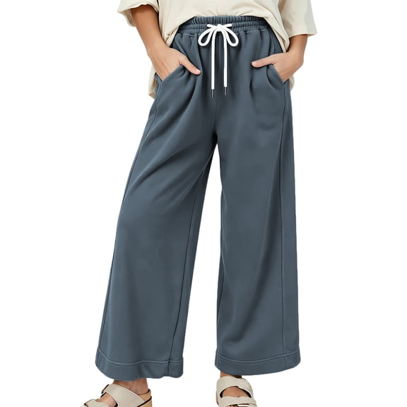 Qingpeng Womens Elastic High Waisted Pants Drawstring Casual Cropped Wide Leg Sweatpants Solid Color Loose Trousers with Pockets