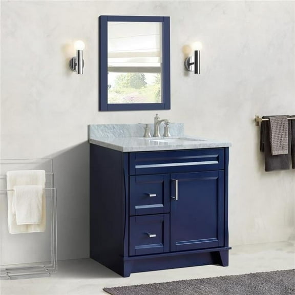 37 in. Single Sink Vanity with Carrara Marble, Left Rectangle Sink, Blue & White - Right Drawers
