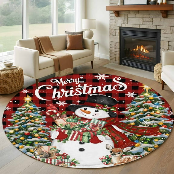 Red Plaid Snowman Christmas Round Rug 5ft Washable Circle Kitchen Rugs Non Slip Gifts Xmas Tree Snowflake Winter Large Area Rug Indoor Floor Carpet for Bedroom Living Room Office Dining Room Nursery