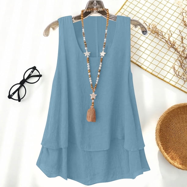 TaTaai Linen Style Double Layer Top, Women's Sleeveless Strappy Design, Solid Color Casual T-Shirt for Warm Weather Gift