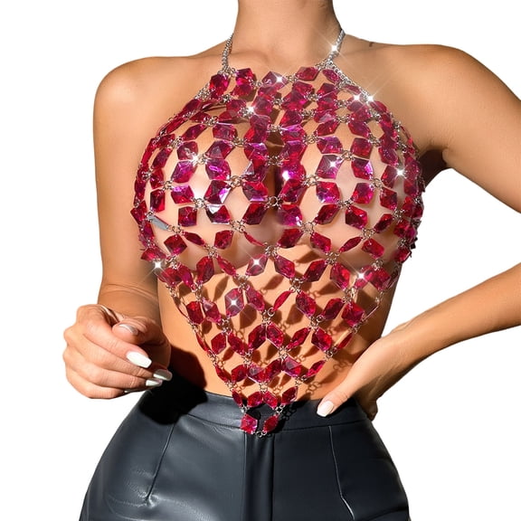 Kilaqueen Tank Tops for Women Sparkly Gemstones Splicing Halter Chain Top Rhinestone Nightclub Club Party Rave Crop Vest