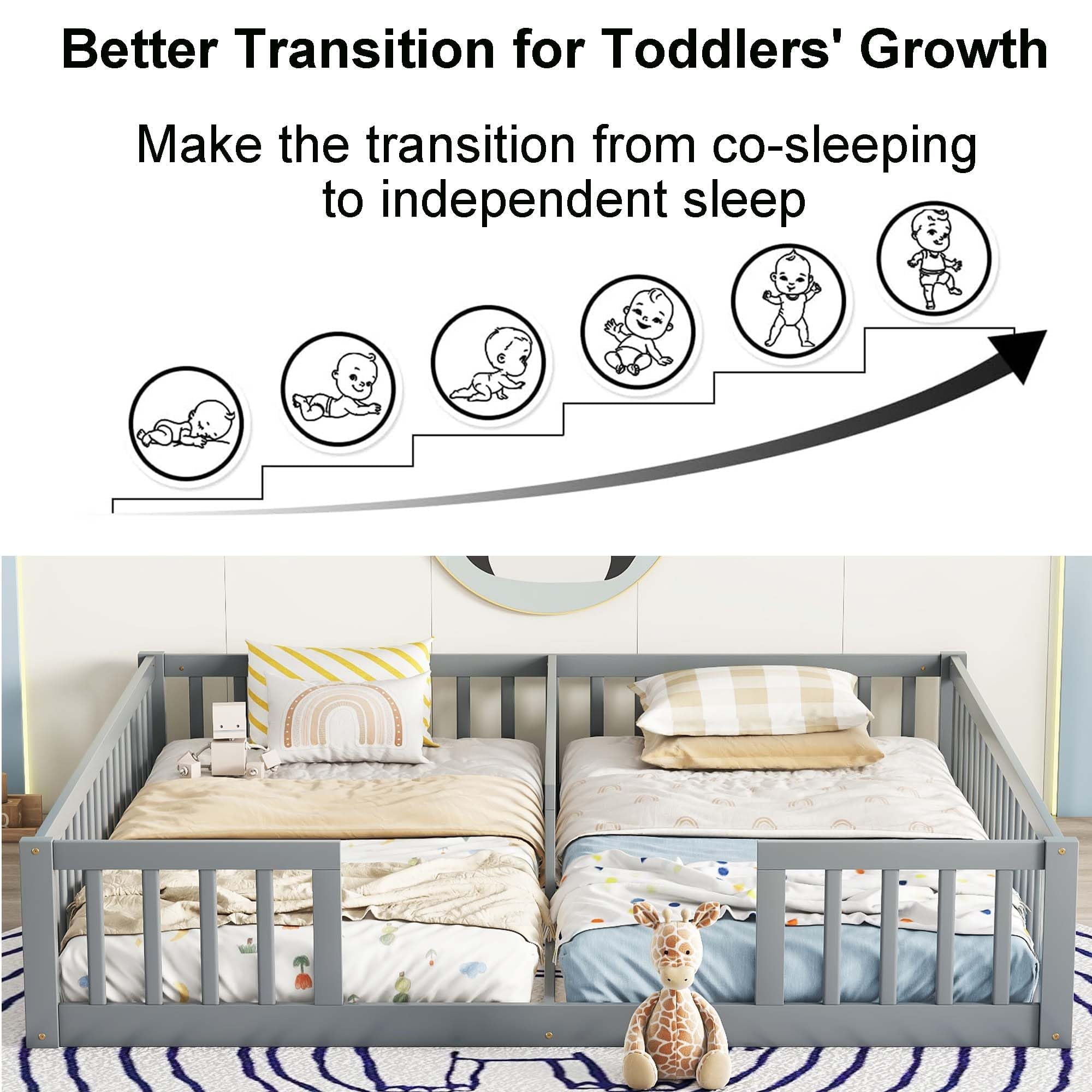 Twin Floor Bed for 2, Montessori Bed Frame with Fence, Wooden Double Floor Bed with Guardrails for Two Boys Girls, Box Spring Needed, Gray