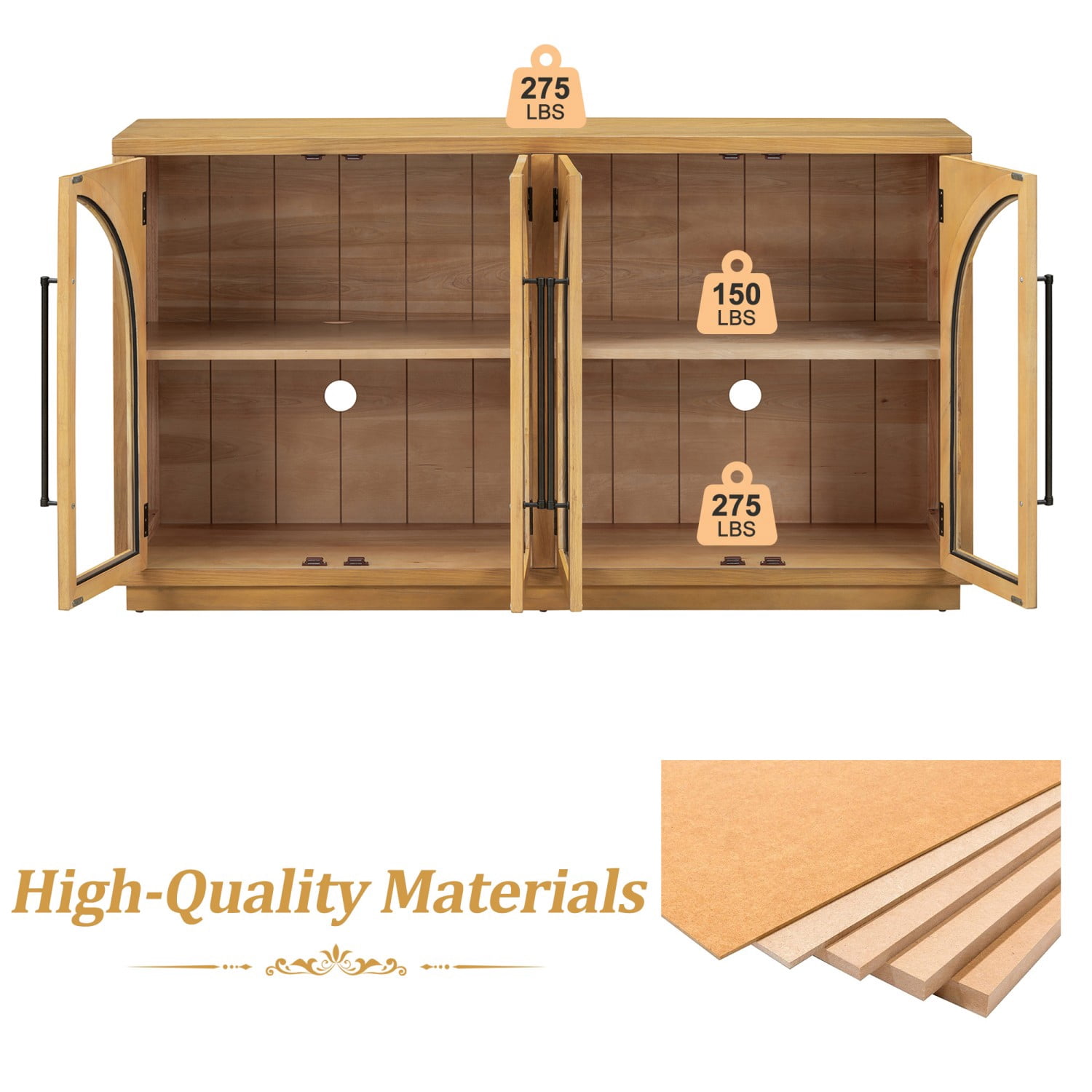 4-Door Arched Glass Sideboard Buffet Cabinet, Retro Storage Credenza with Adjustable Shelves, Cable Holes, Wood Veneer Cabinet for Dining Living Room, Natural