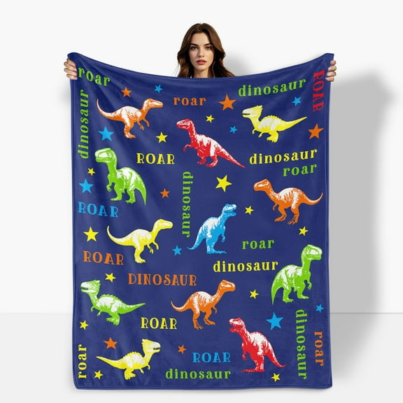 Blue Dinosaur Themed Fleece Blanket Featuring Various Animal Shapes Soft Warm Comfortable Suitable For Sofa Bed Travel Camping Polyester Ideal Gift For Family And Friends Shipped From USA