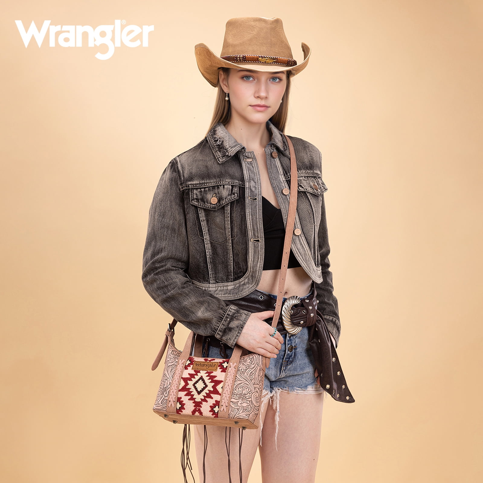 Wrangler Tooled Aztec Small Crossbody Handbag for Women Stylish Handle Bag Designer Top-Handle Crossbody Bags, Dark Pink