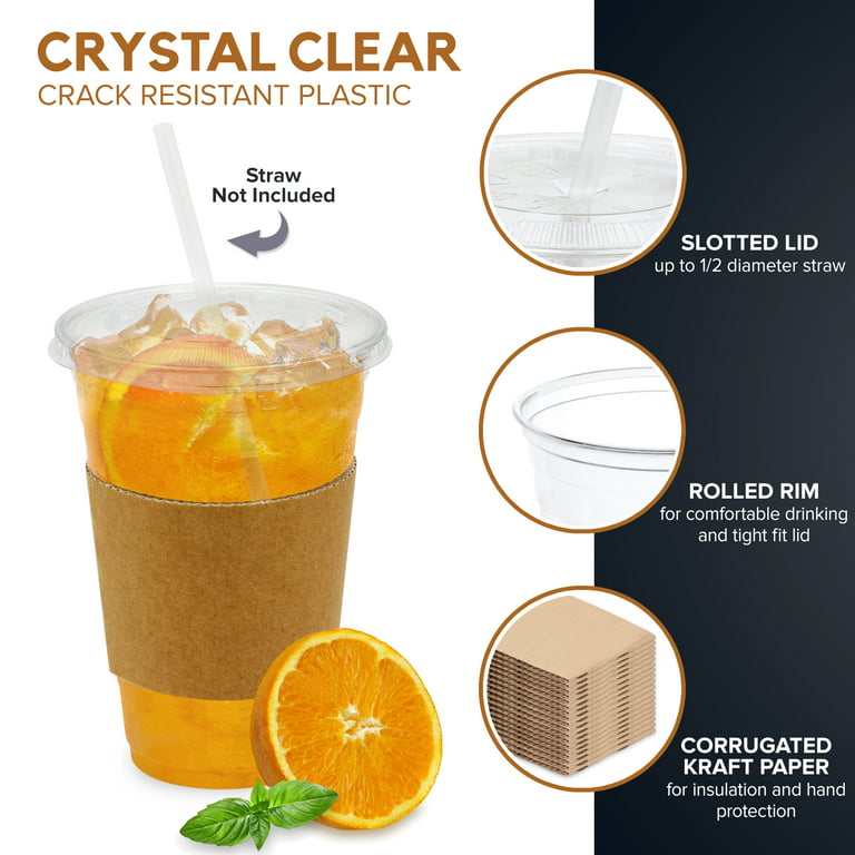 Clear Plastic Cups with Flat Slotted Lids for Iced Cold Drinks 20 Ounce, Disposable, Large Size [50 Pack]