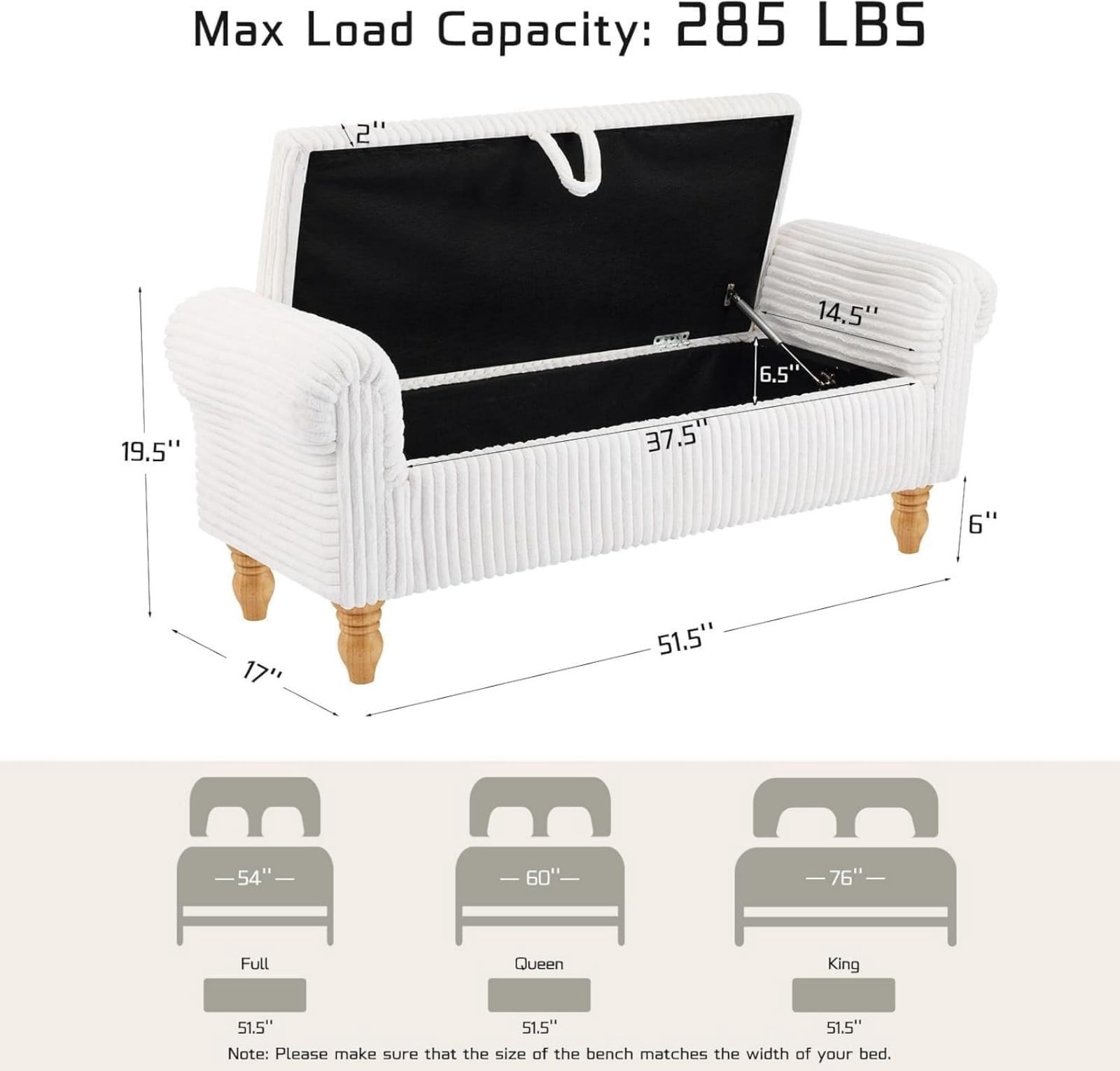 51.5" Storage Ottoman Bench, Upholstered Corduroy End of Bed Bench with Hidden Storage for Bedroom, Entryway & Living Room, White