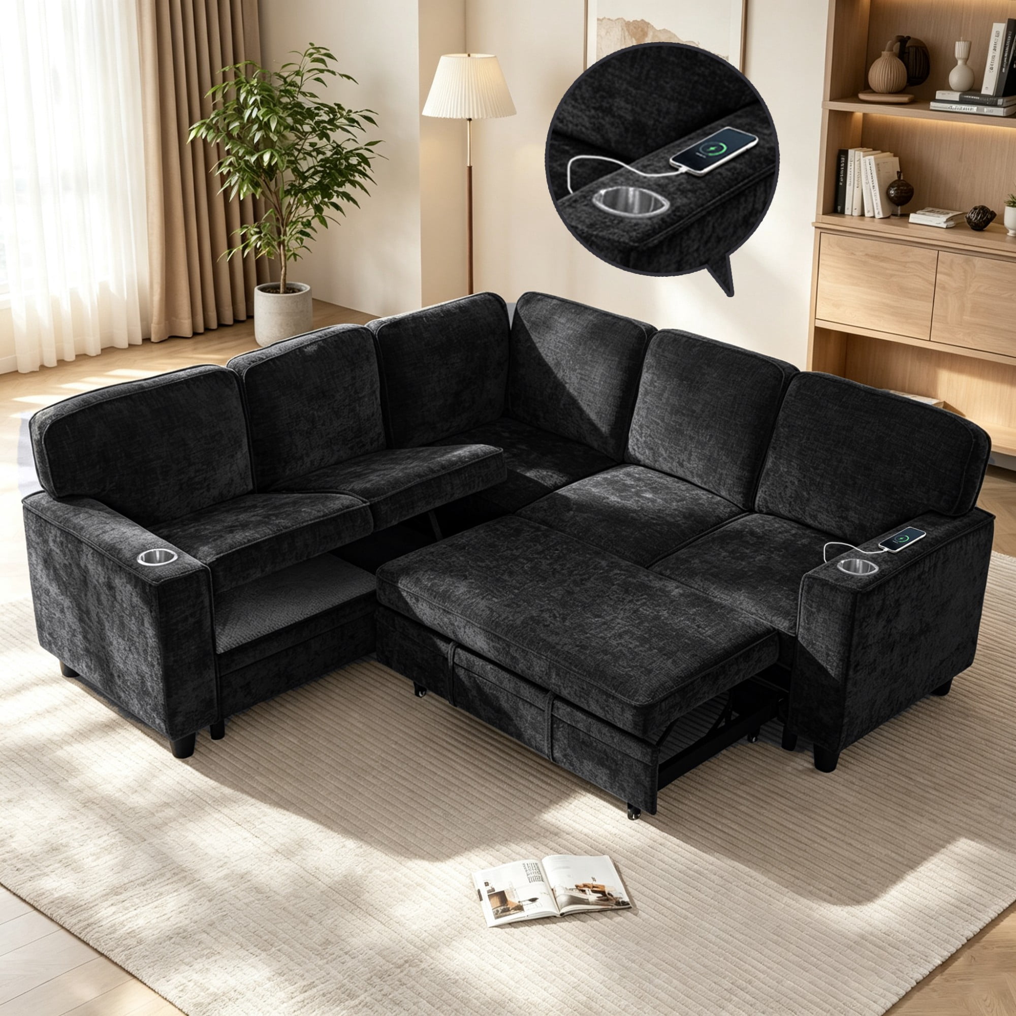 Gewnee L-Shaped Sectional Sofa,Modern Chenille Modular Sofa with Storage Function,USB‑C Charging Ports & Cup Holders,Pull Out Couch for Living Room,Charcoal Grey