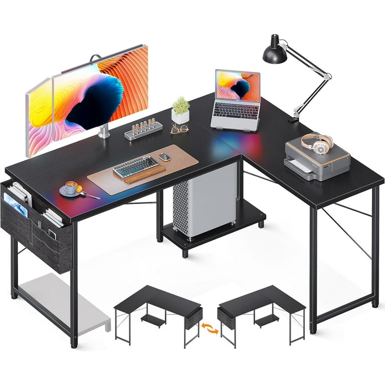 L Shaped Desk 50 Inch Computer Desk with Storage Bag Reversible Home Office Desk with Host Stand Grey Oak Corner Table for Bedroom Studio Modern