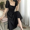 thumbnail image 4 of Women Summer Black Puff Sleeve Elegant Dress Square Collar A-Line Casual Solid, 4 of 10