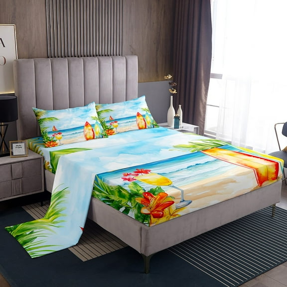 Erosebridal Ocean Beach Sheet Set Twin,Summer Holiday Bedding Sets Twin Size,Surfing Decor,Breathable,3pcs