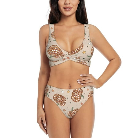 Zeuib Groovy Disco Pumpkin High Waisted Tummy Control Bikini Set - Knot Front Push Up Top & Cheeky Thong Bottom  Two-Piece Swimsuit for Women-Large