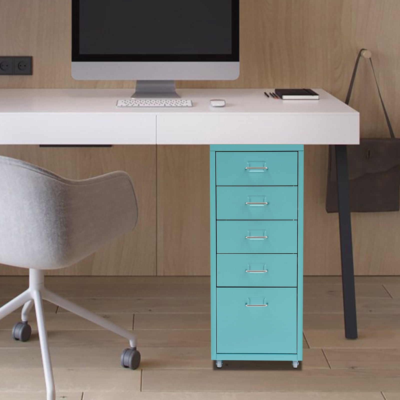 Miumaeov 5-Drawer Metal Storage Cabinet Movable File Cabinet with Wheels for Living Room Office Study  16" D x 11" W x 27" H
