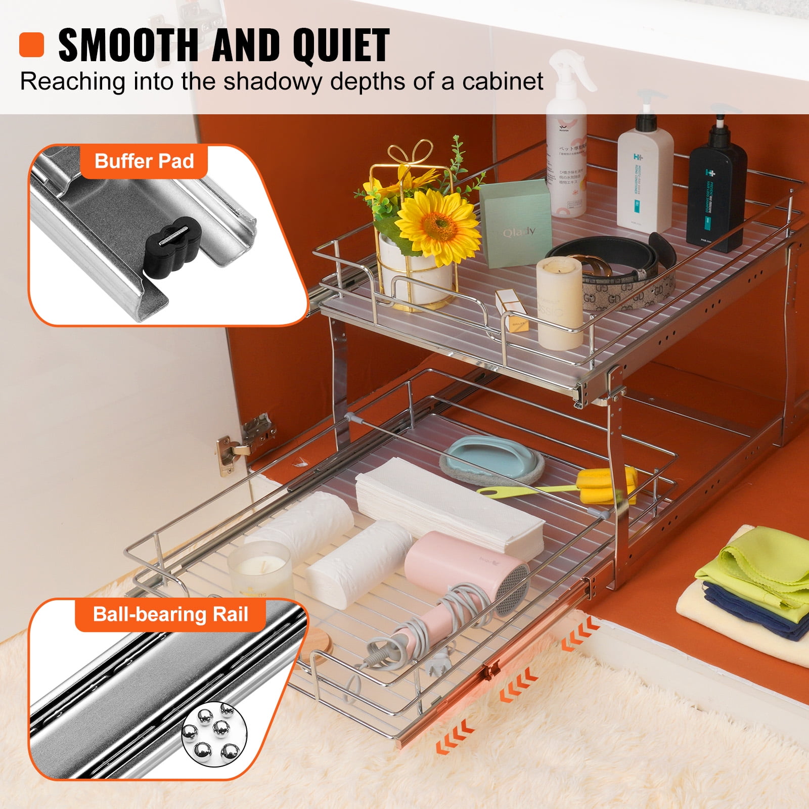 Beainbox Under Sink Organizer, 2 Pack Adjustable Pull Out Storage Shelf for Kitchen Bathroom Cabinet, Metal Slide Out Counter Organization