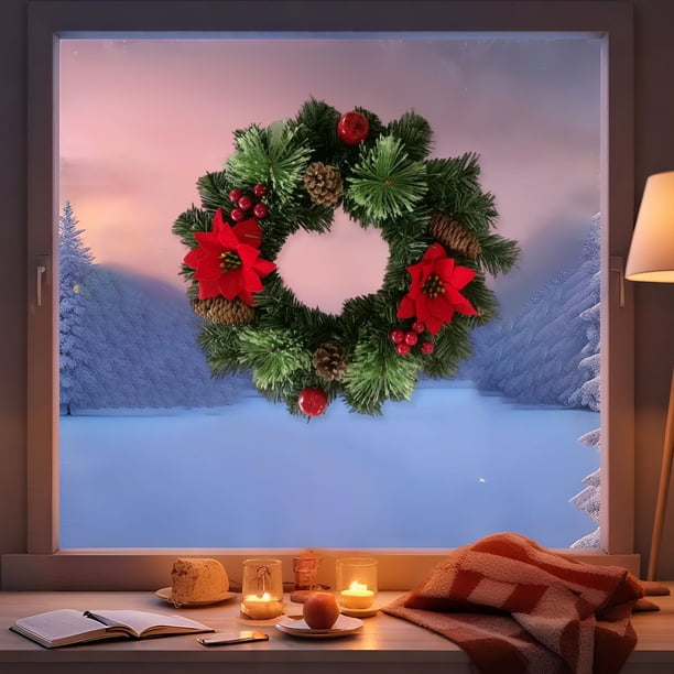 Navidad Adornos Enredadera Artificial, Wreath Corto 30 Cm, Ramas Verdes Con Conos Rojos, Diseño Festivo, Para Puerta Ventana, Decoración Hogar, Navideño, Festivo, Exterior, Resistente, Fácil