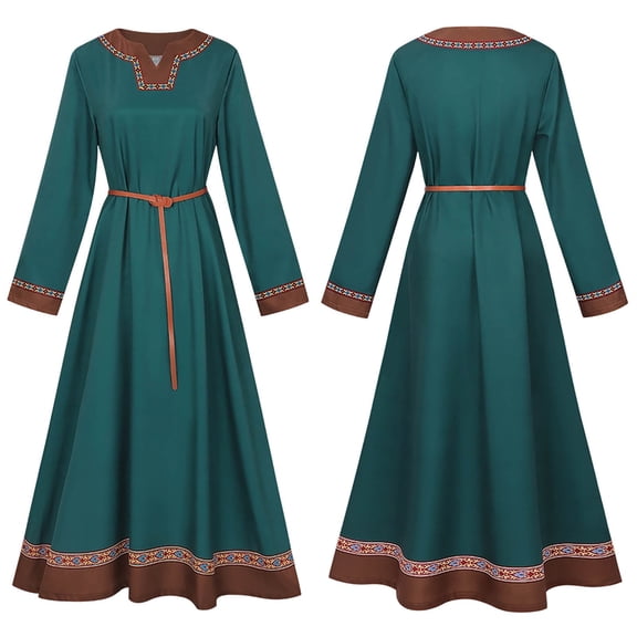 Women's Medieval Viking Dress Retro Pastoral Renaissance Peasant Maxi Gown with Belt for Halloween Cosplay