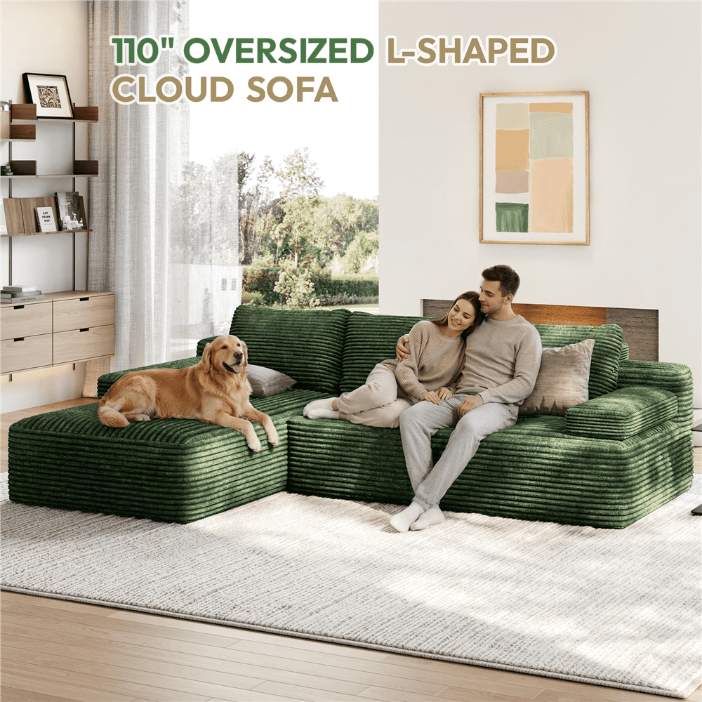 Renwick 110" L-Shaped Cloud Couch, Boneless Corduroy Sectional Sofa with 3 Detachable Pillows for Livingroom, Green