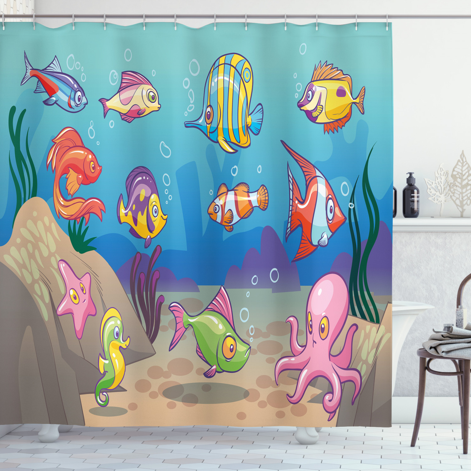 Under the Sea Shower Curtain, Colorful Cartoon Sea Animals Undersea