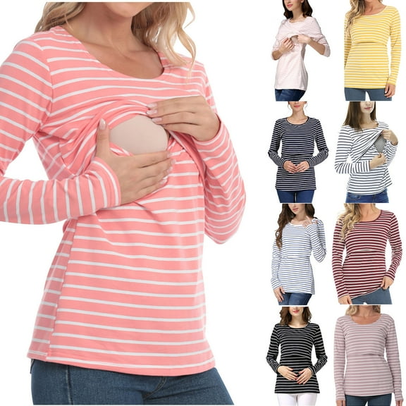 Olyvenn Fashion Women's Nursing Tops Fashion Stripe Print Round Neck Long Sleeve Shirts Double Layer Pregnancy Breastfeeding Blouse Black 8