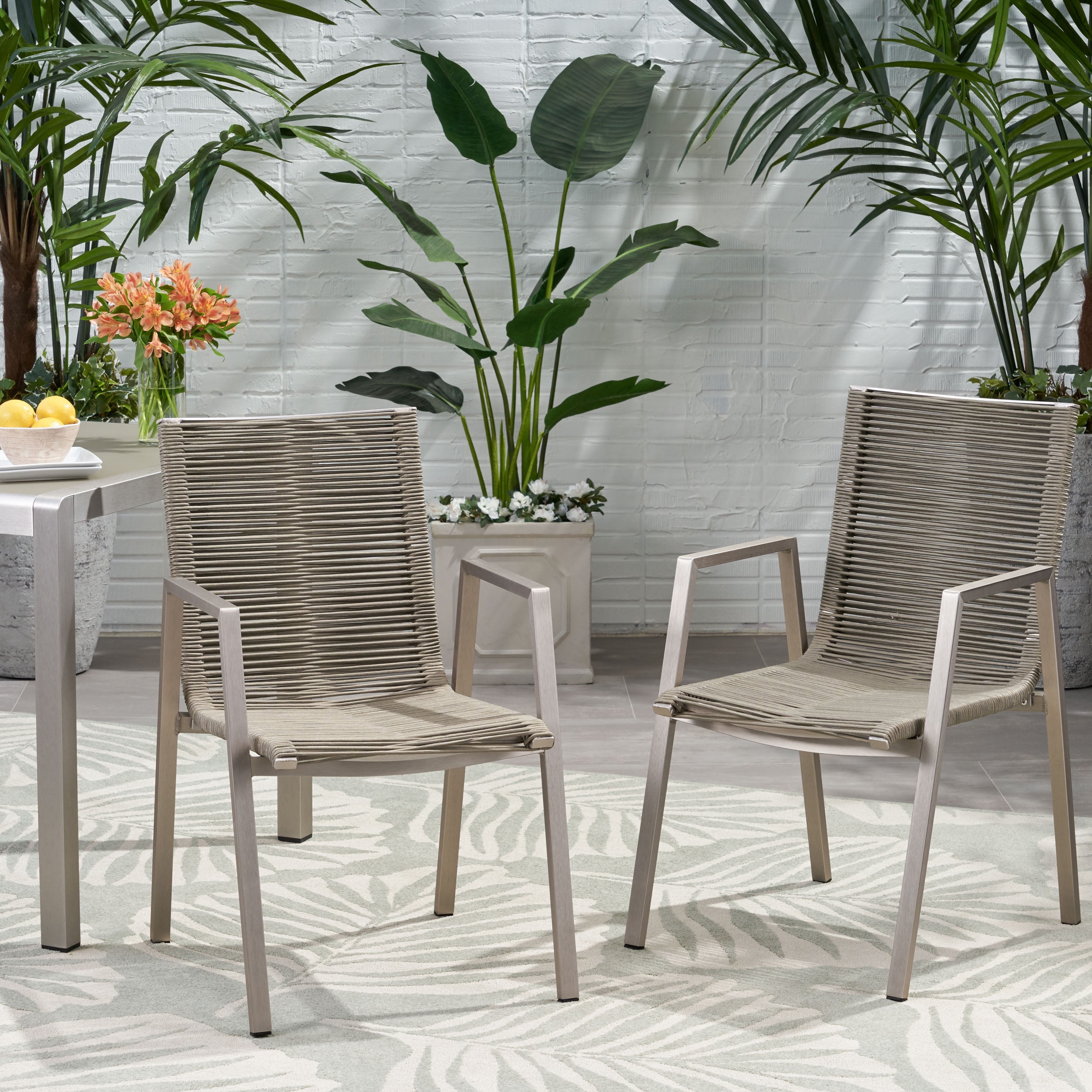 Outdoor Rope Surface Dining Chair Set of 2, Aluminum Frame Household Seats for Patio Garden, Silver and Taupe