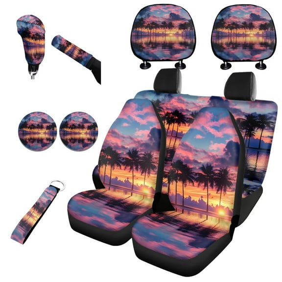 Garronmavis Sunset Palm Tree Automobile Interior Sets Full Wrapping Edge Car Seat Cushion with Handbrake Gear Auto Headrest Cover Shift Knob Cover Auto Cup Coaster Wristlet Keychain