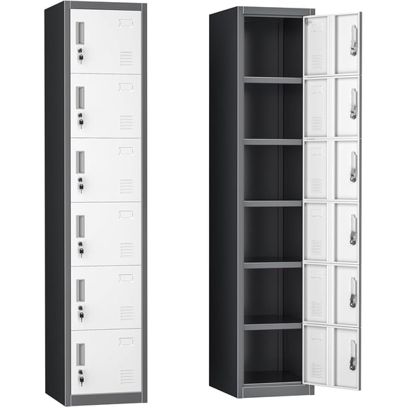 MISSUNNY 72"H 6-Door Metal Locker, Steel Storage Cabinet w/ Keys for Office, School, Gym, Home, Garage - Gray