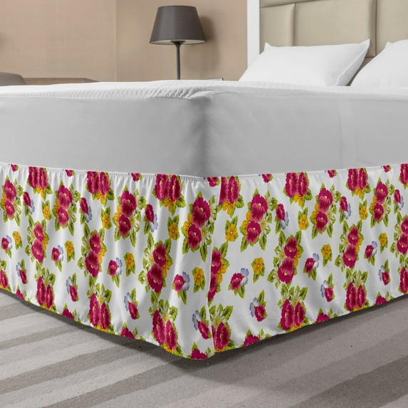 Spring Bed Skirt, Piles of Colorful Fresh Wildflowers Flourishing in Spring Season Retro Ornament, Elastic Bedskirt Dust Ruffle Wrap Around for Bedding Decor, 4 Sizes, Multicolor, by Ambesonne