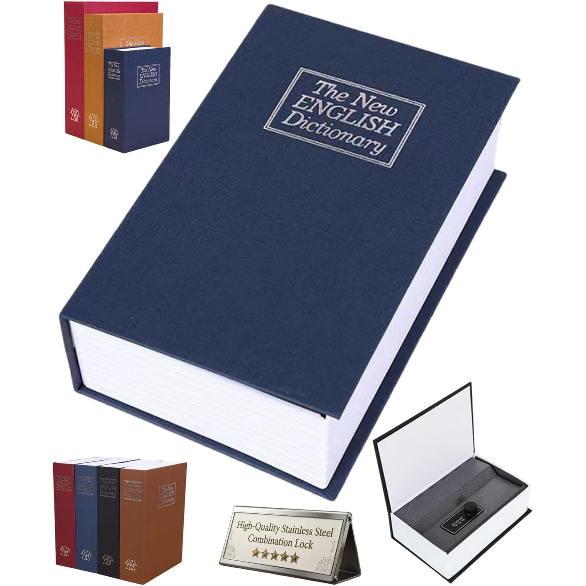Book-shaped security lock box fake book with combination lock safe combination lock small cash hiding cabinet hidden savings distraction personal combination protection box gift.(Blue S)