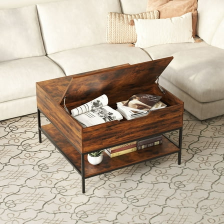 S-HOME Coffee Table With Storage Flip-Top Design In Dark Walnut And Black Metal 31.5 Inches Perfect For Living Room Use