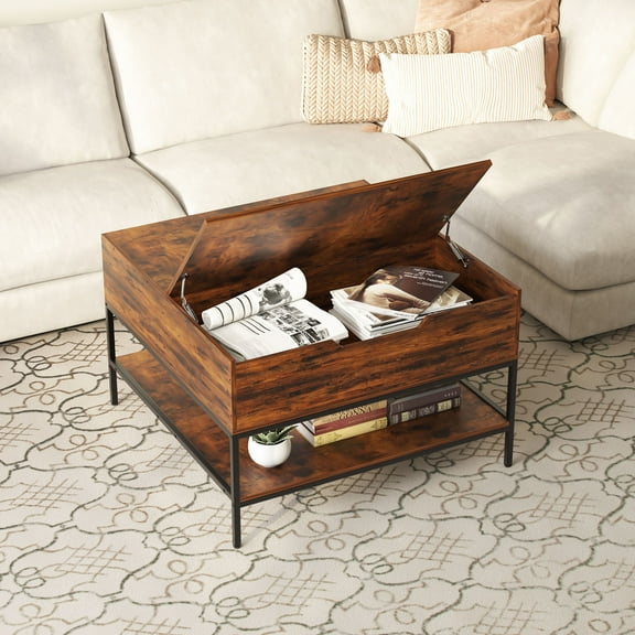 S-HOME Coffee Table With Storage Flip-Top Design In Dark Walnut And Black Metal 31.5 Inches Perfect For Living Room Use