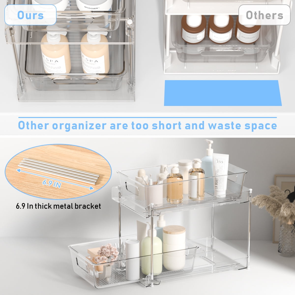 2-Tier Clear Under Sink Organizers and Storage, 2 Pack Pull-Out Cabinet Organizer,Vanity Countertop Container,Stackable Under Sink Organizer Organizers for Kitchen,Bathroom, Pantry Storage