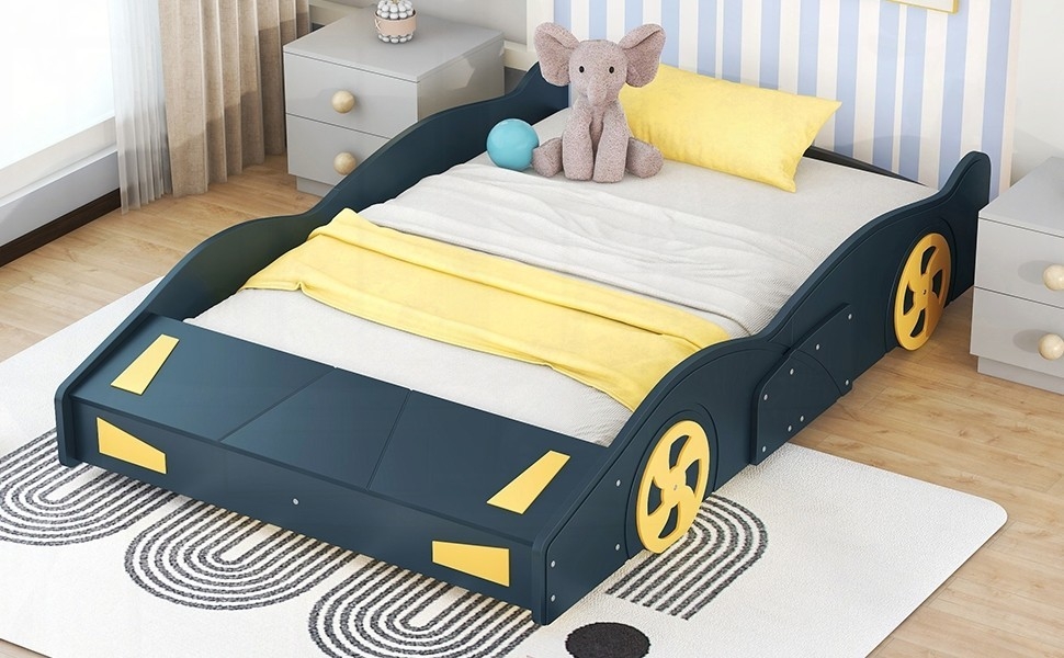 Full Size Dark Blue+Yellow Race Car-Shaped Platform Bed with Wheels and Storage