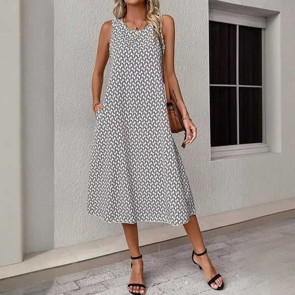 Dresses for Women Summer Printed Round Neck Sleeveless Straight Dress White M