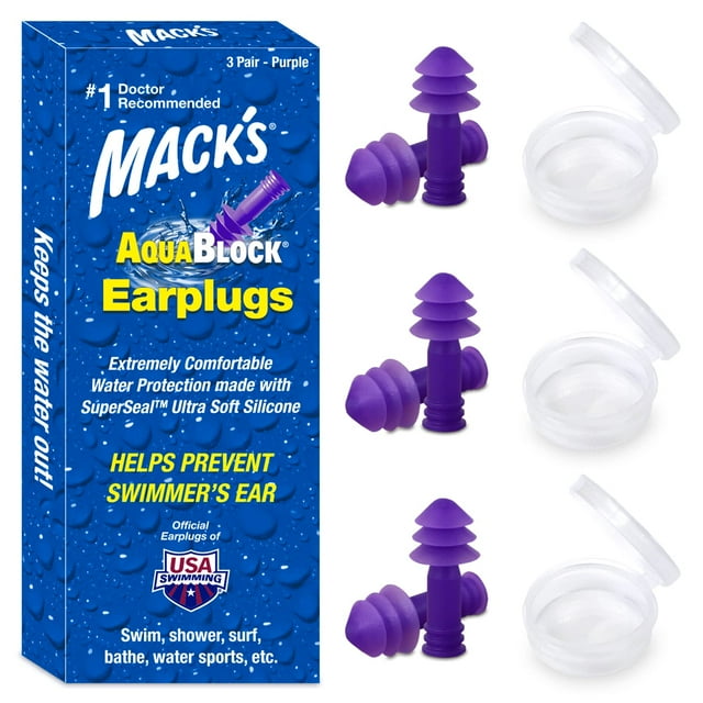 Tapones para natación Mack's AquaBlock Comfort, impermeables, morados