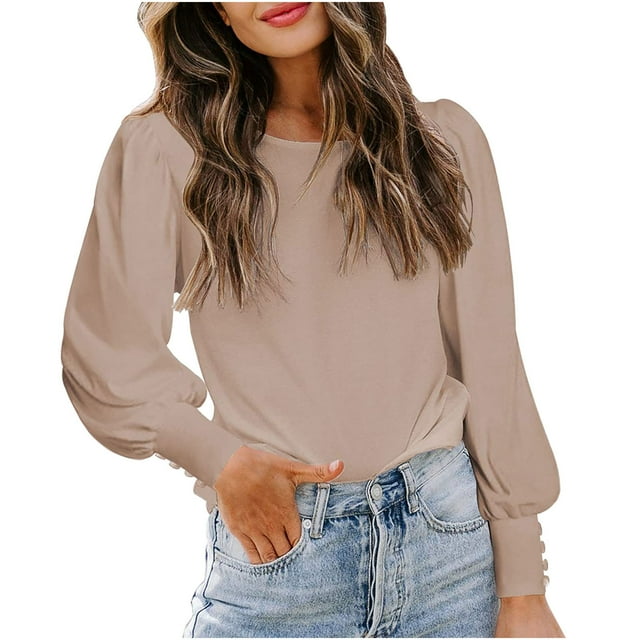 Timegard Womens Tops Round Neck Puff Long Sleeve Button Solid Color Comfy Tee Fall Casual Loose Tops